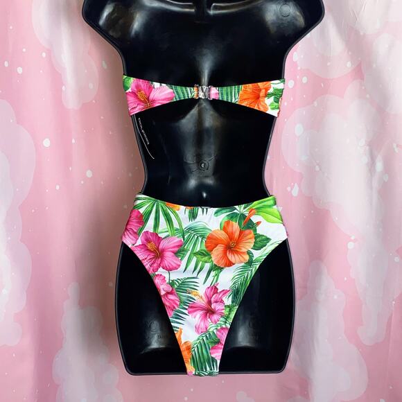 New XS‎ Tropical Retro Floral High Rise Strapless Bandeau Swimsuit Bikini - Picture 6 of 7